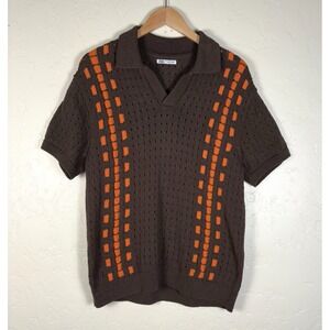 ZARA Pull Over Sweater Men's Size M Brown Orange Short Sleeve‎ Knit Top Retro
